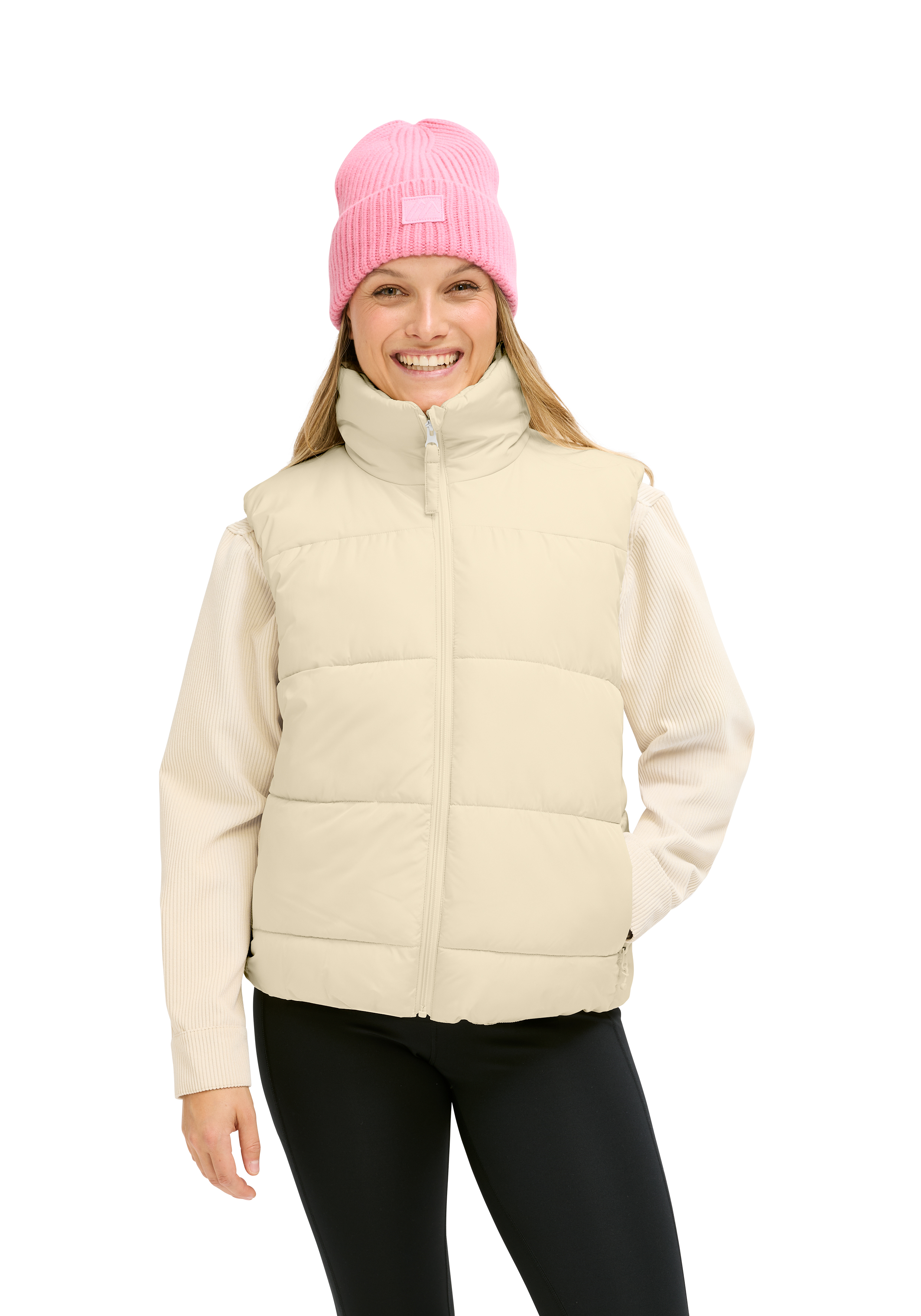 beige Weste, gepölsterte Weste, Steppweste, Pufferweste, pink Mütze