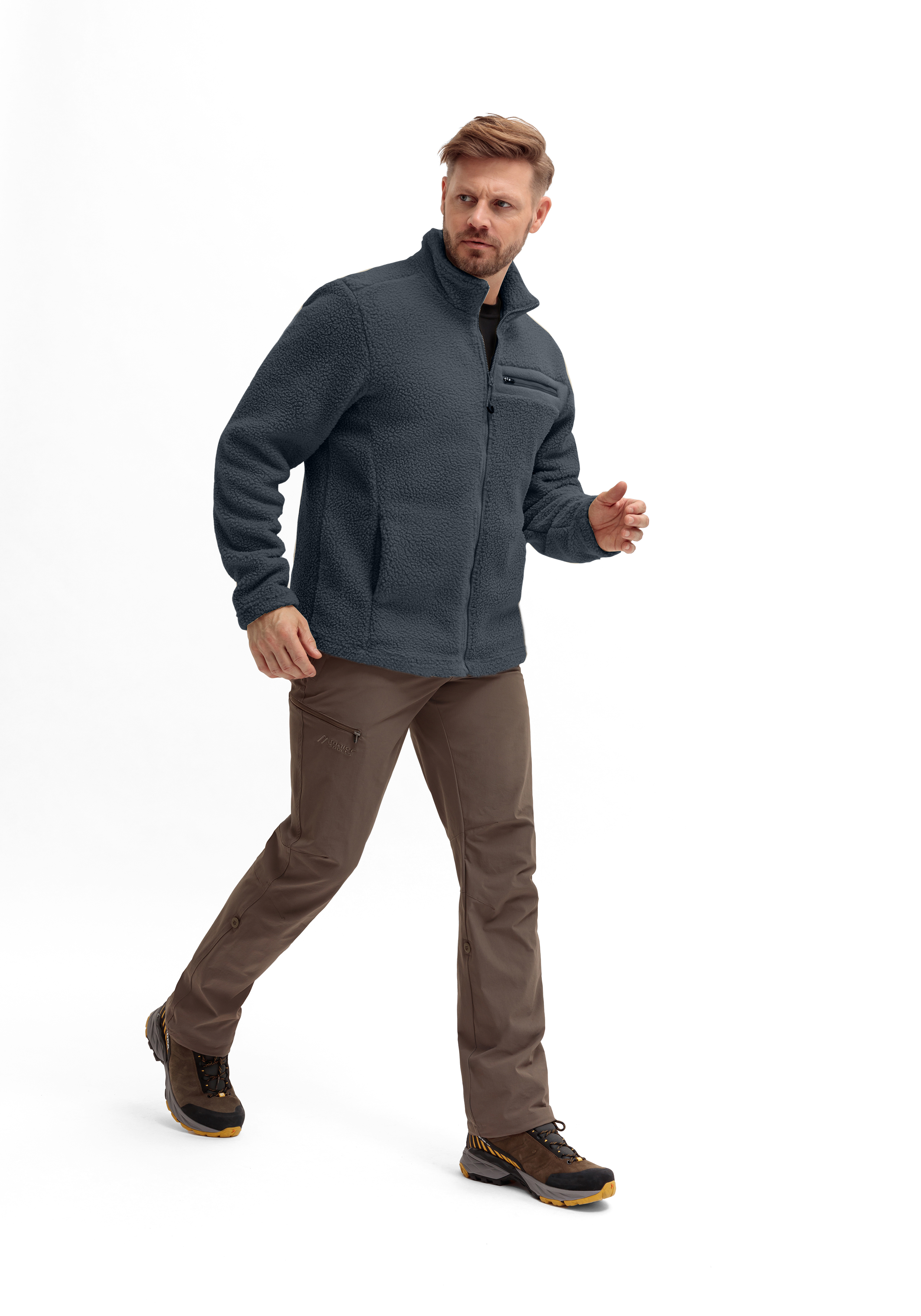 Langarm, Erwachsener, Männlich, Mann, Person, Fleecejacke, Reißverschluss, Seitentasche, Manteloptik, Outdoor-Hose, fleece jacket, midlayer, dunkles blaugrau, Reißverschlussjacke, Taschen