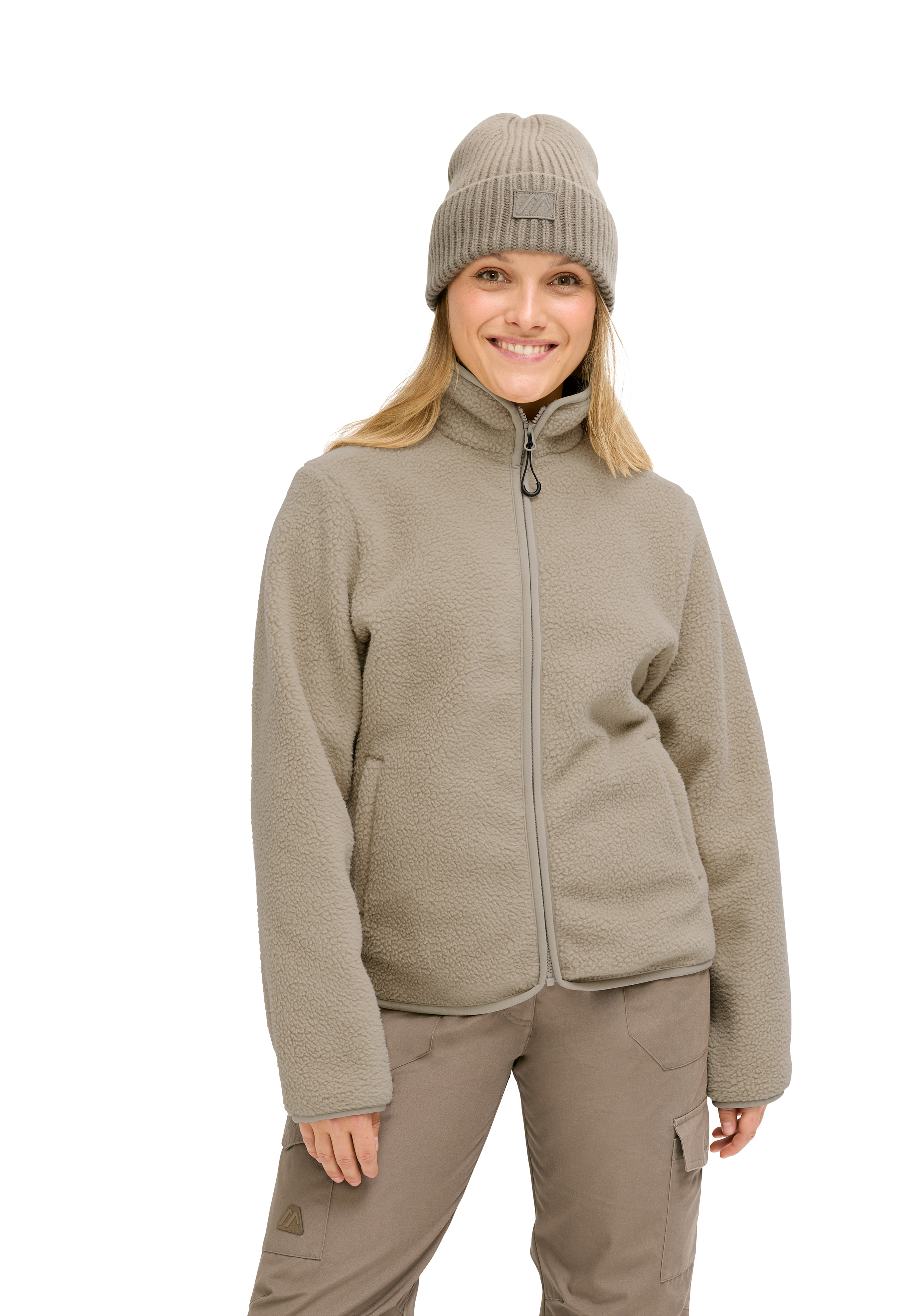 Fleece-Jacke, Beige, Reißverschluss, Halskragen, Mütze