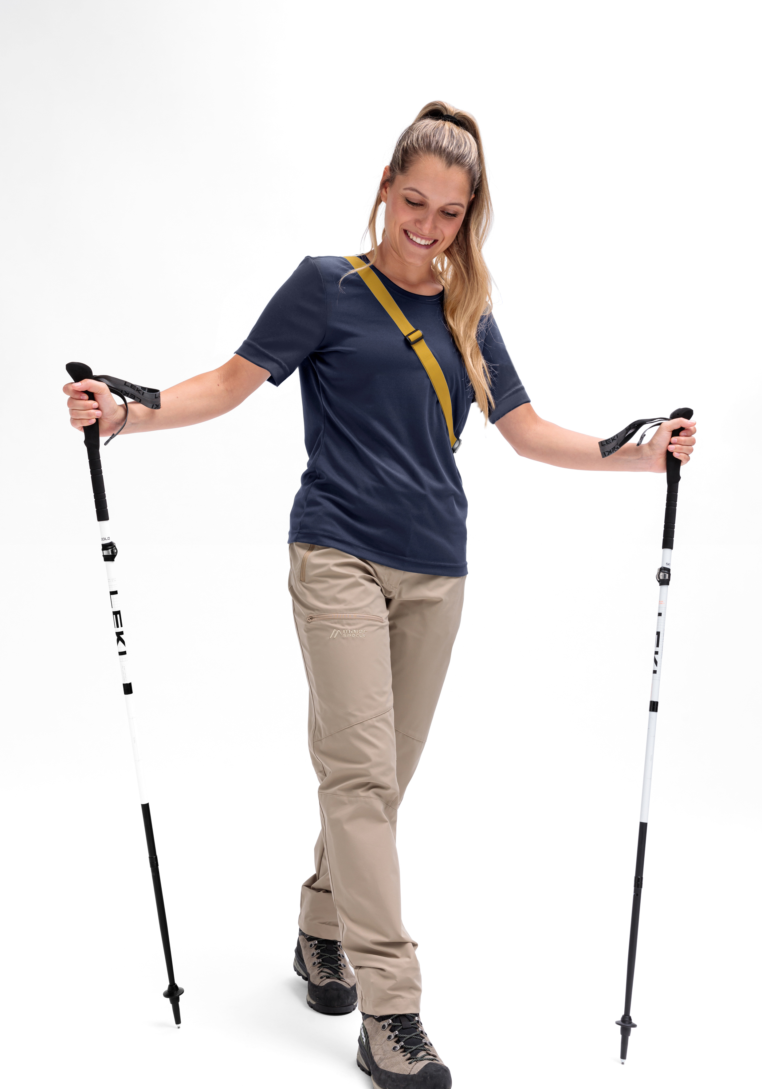Hiking pants, Beinbekleidung, Stöcke, Navyblaues Oberteil, Outdoor-Set, Trekkinghose, Hiking-Pants, Hiking-Ausrüstung, Stöcke, Outdoor-Set