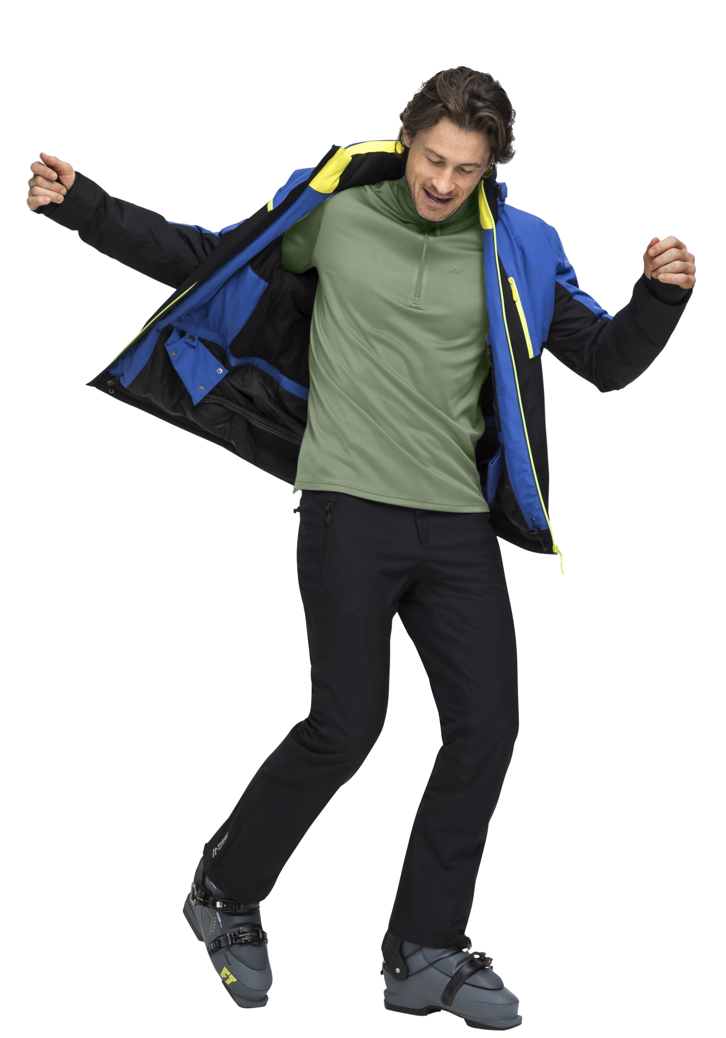 Skijacke, Softshelljacke, grünes Polohemd, schwarze Hose, Schneestiefel