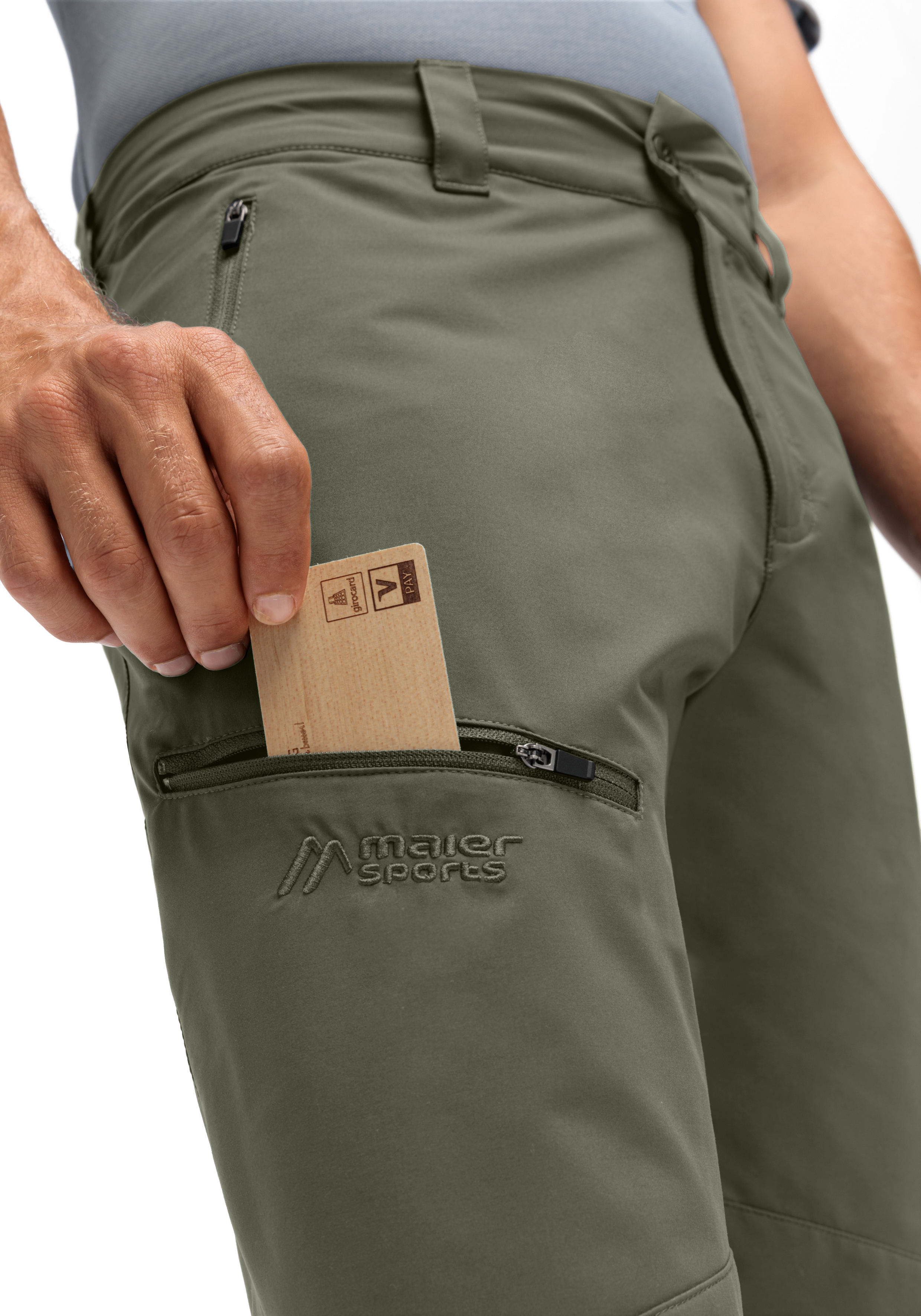 Hose, Outdoor, Tasche, Reißverschluss, Maier Sports, sportpants, zipper-pocket, cargo-pocket, green, waist-side-pocket, Hose, Tasche, Zipphort, Material, militärgrün