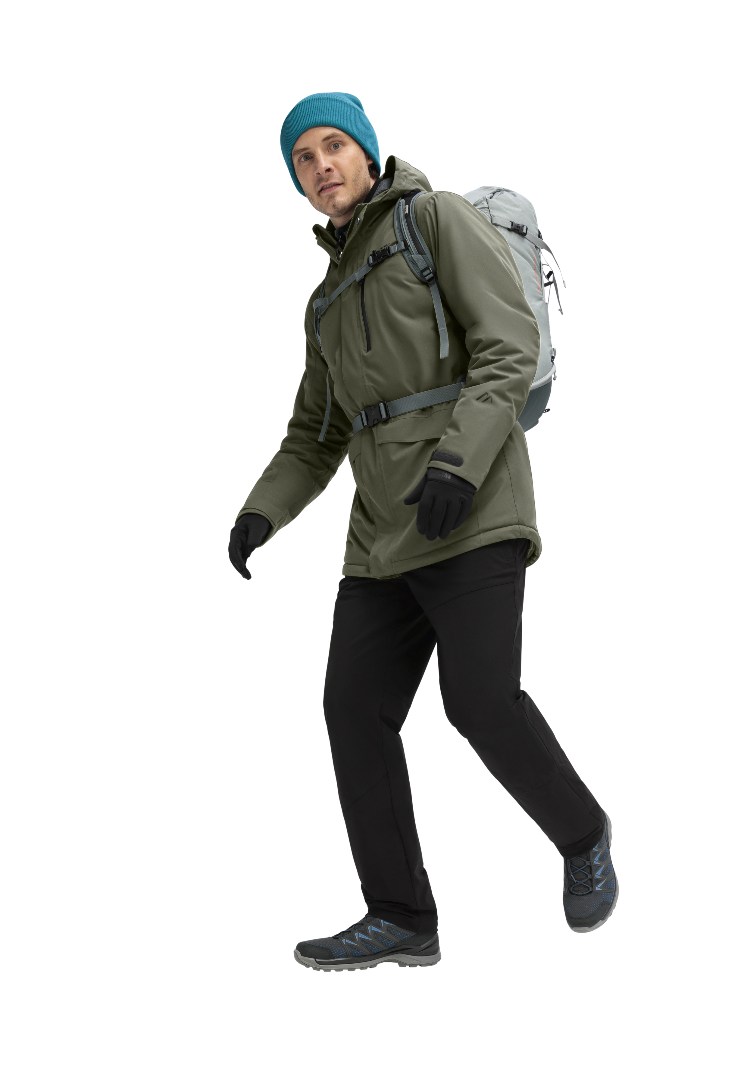jacket, backpack, hiking pants, beanie, gloves