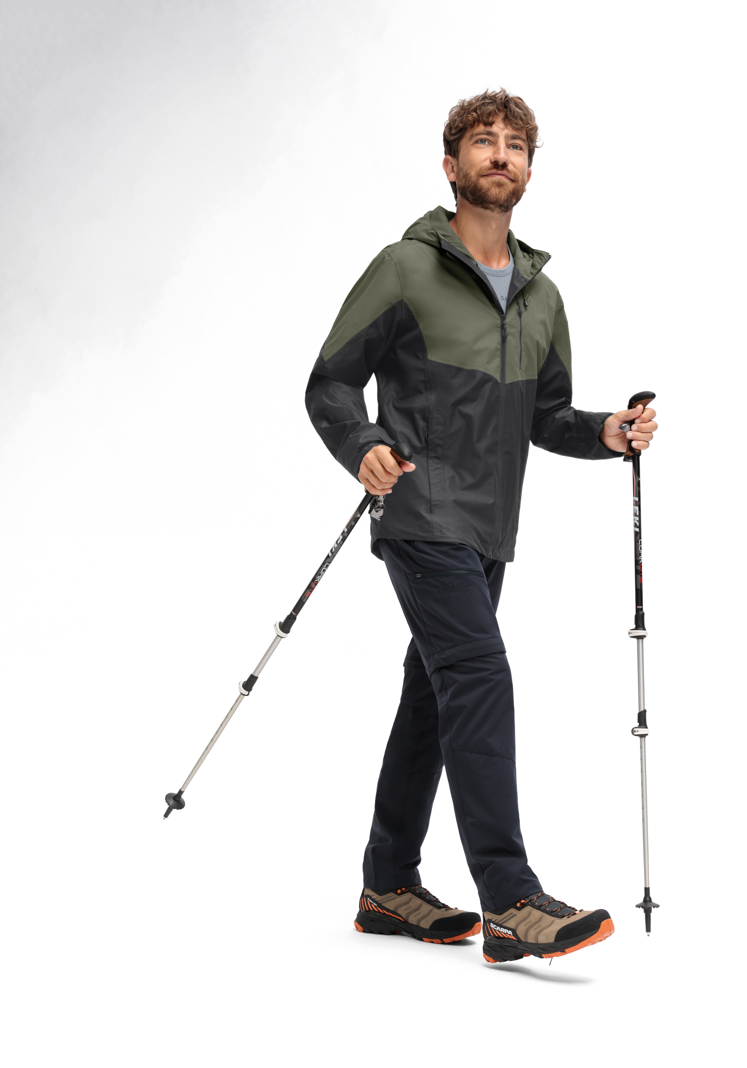 Hiking jacket, Color-block jacket, Hiking pants, Trekking poles, Outdoor footwear