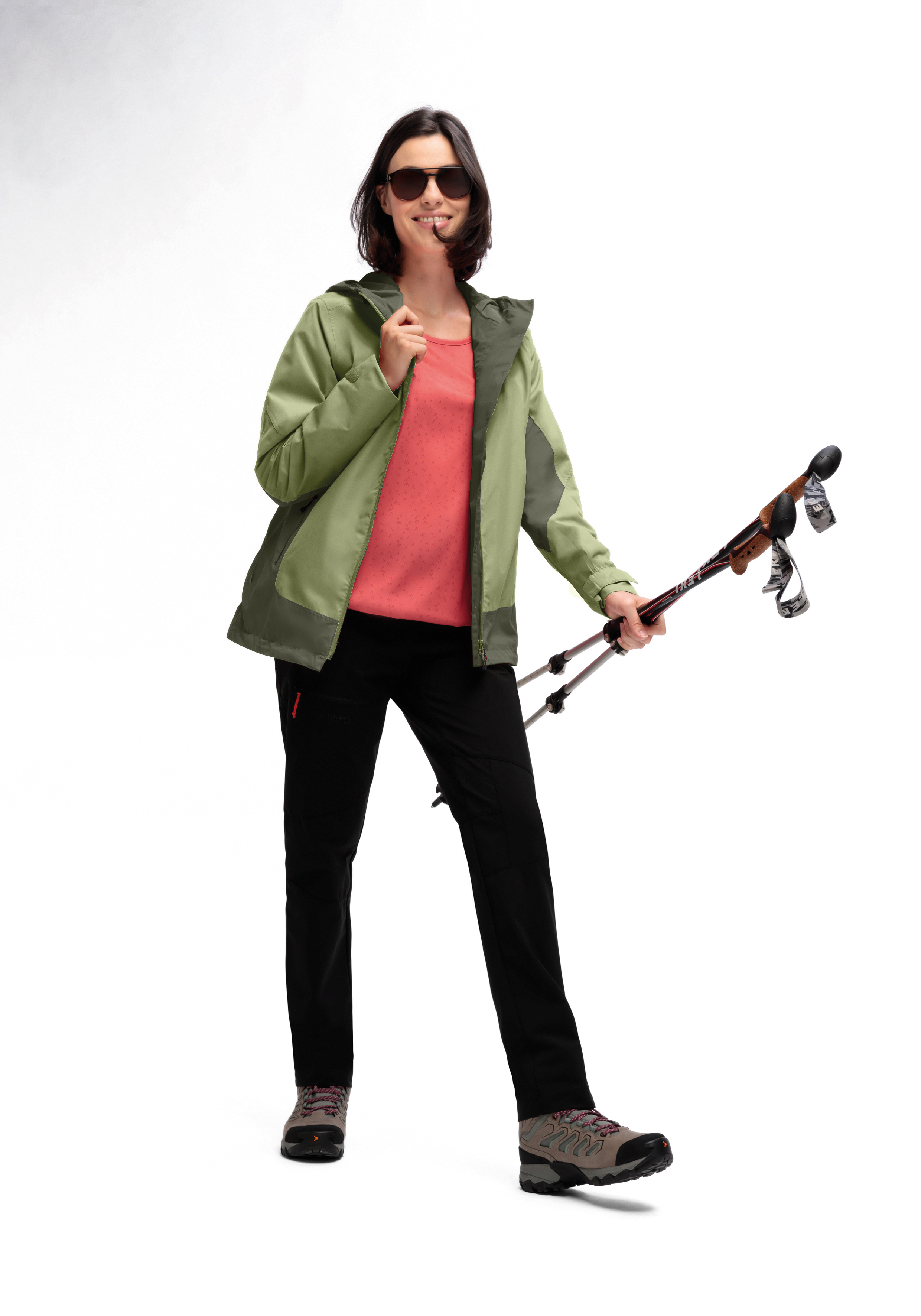 Brocken W jacke, jacke grün, softshell, hike, skiing poles