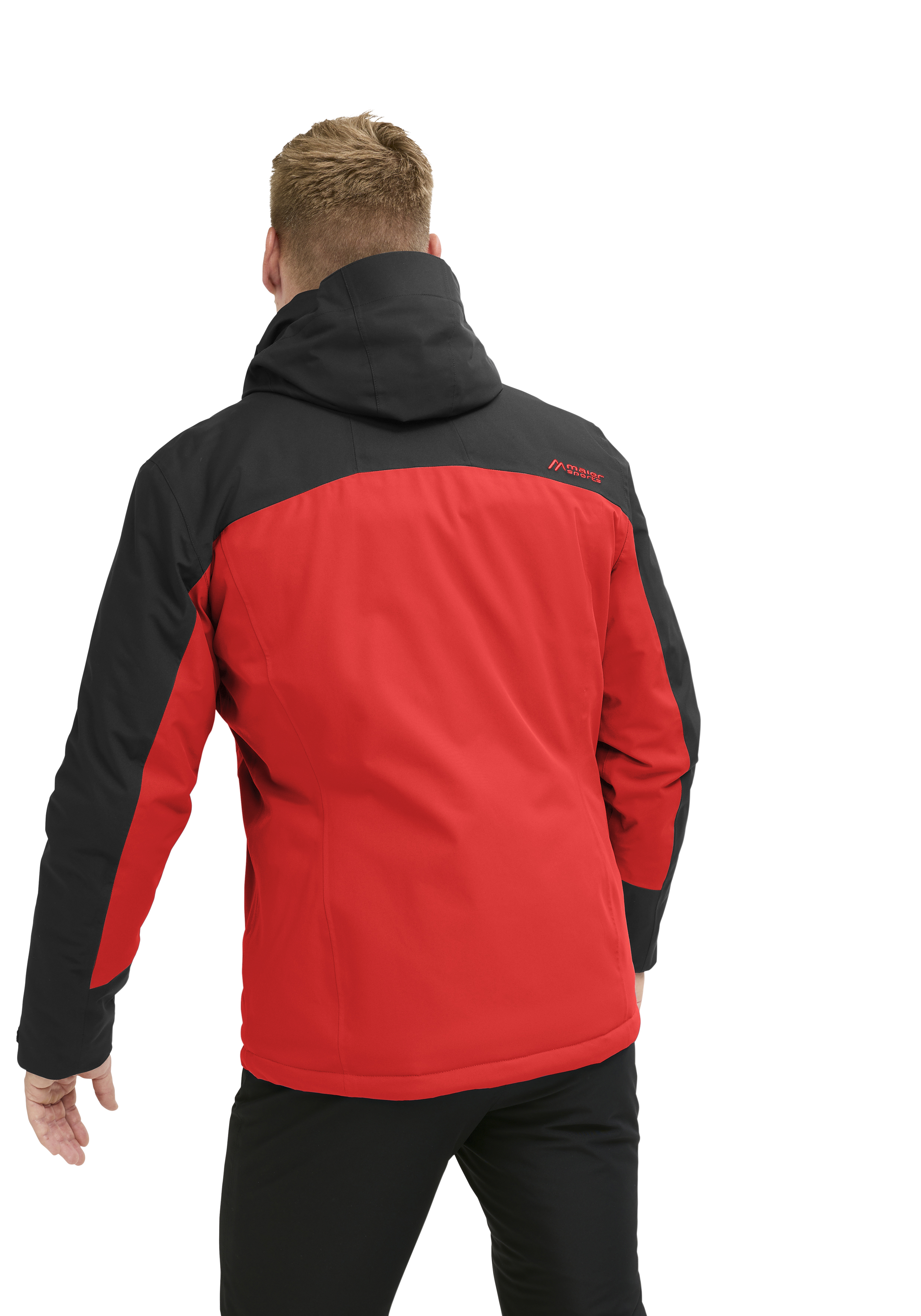 HELGE Softshell, rote Jacke, mit Kapuze, schwarze Einsätze, Rückansicht