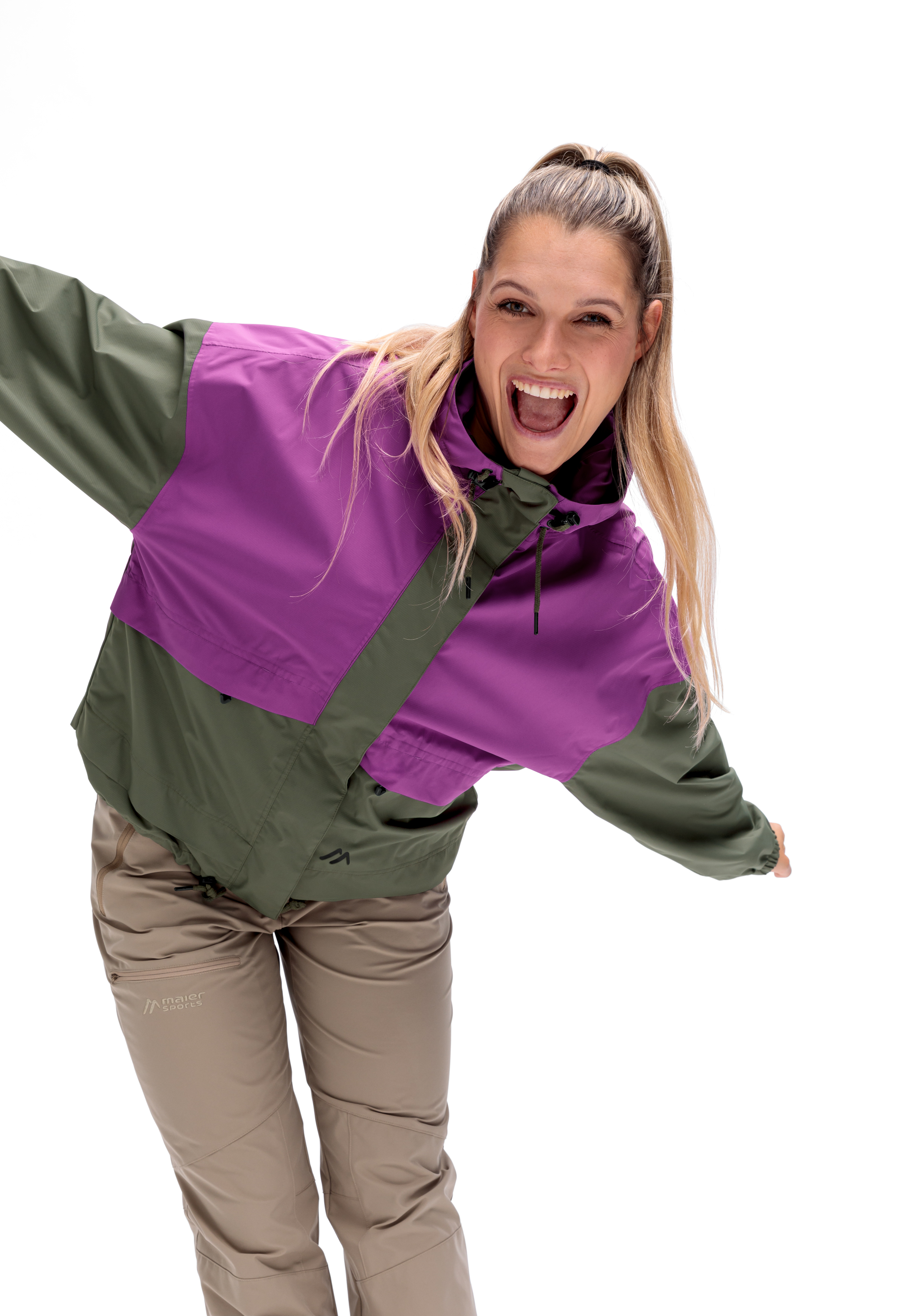 windbreaker, color-block, purple, green, pants