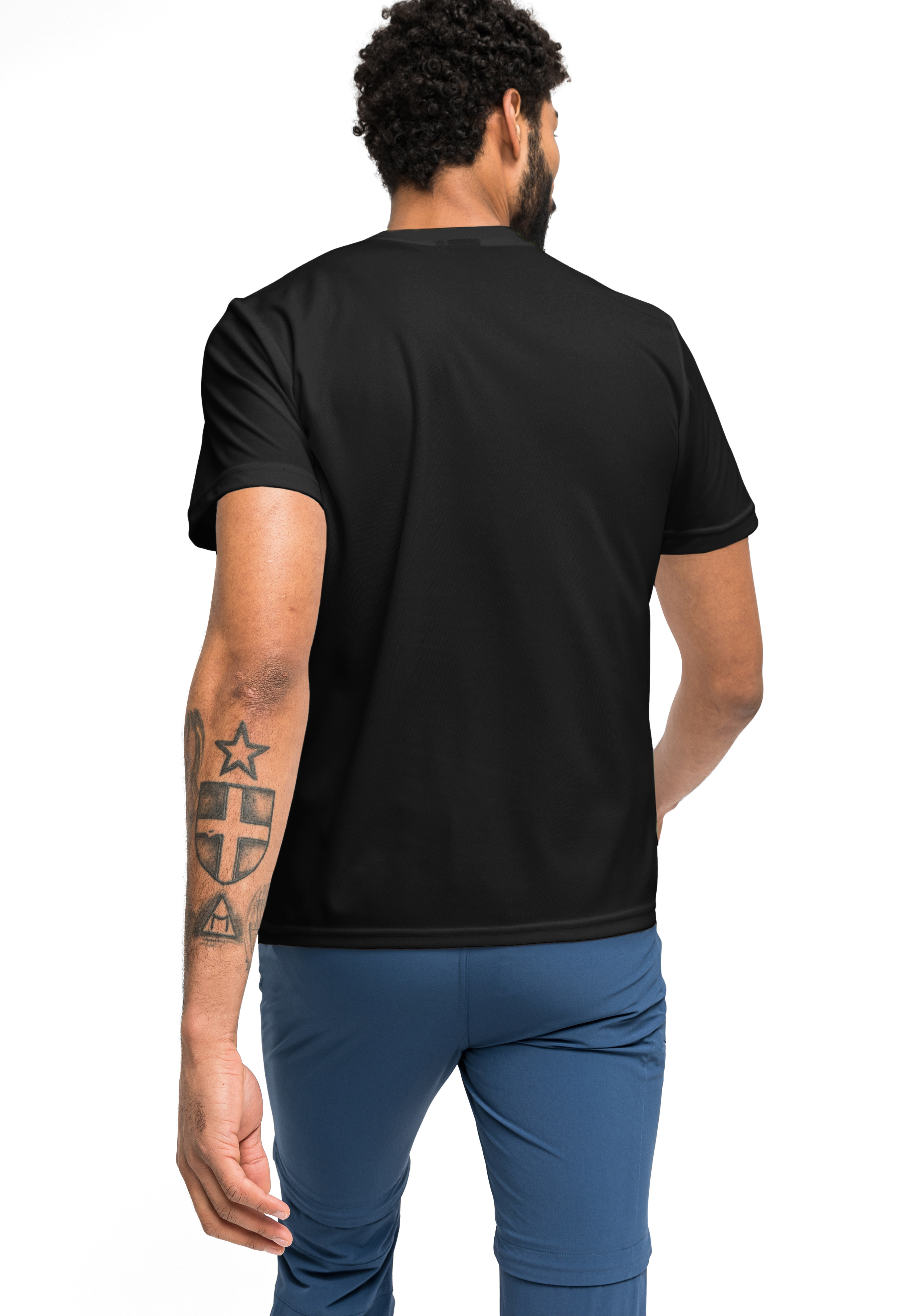 T-Shirt, Kurzarm, Schwarz, Rückenansicht, Tattooarm, T-Shirt, Kurzarm, Schwarz, Oberteil, Rückenansicht