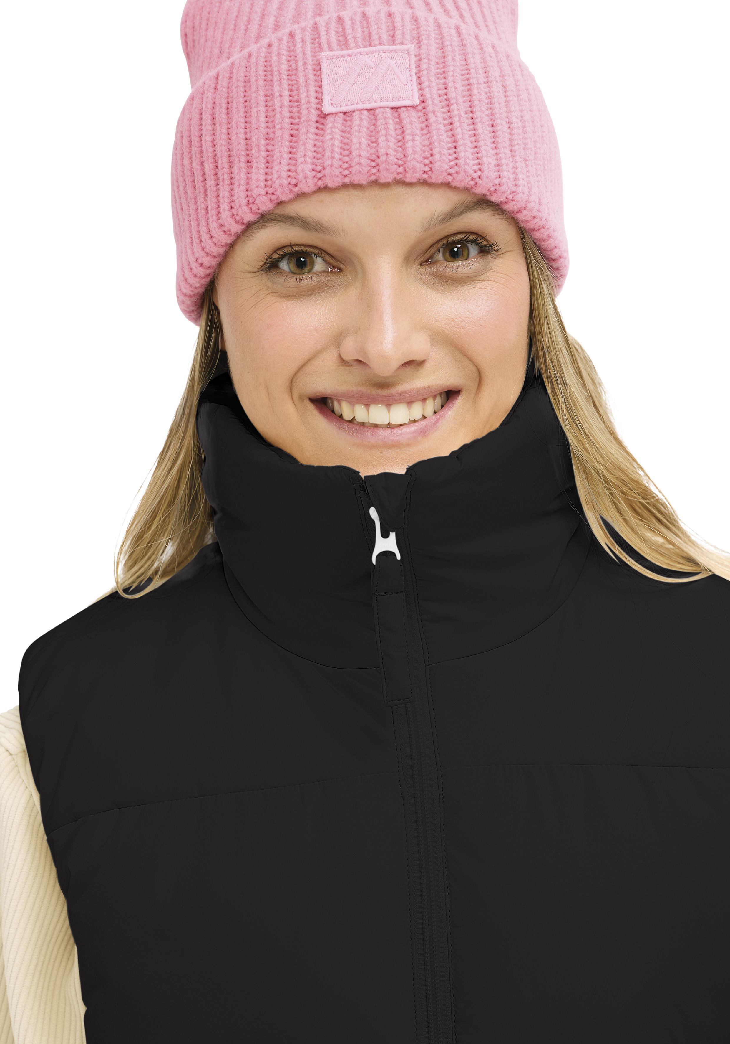 Heatcore Vest W 2.0 pink beanie, knit hat, weibliche modell, schwarze weste, reissverschluss