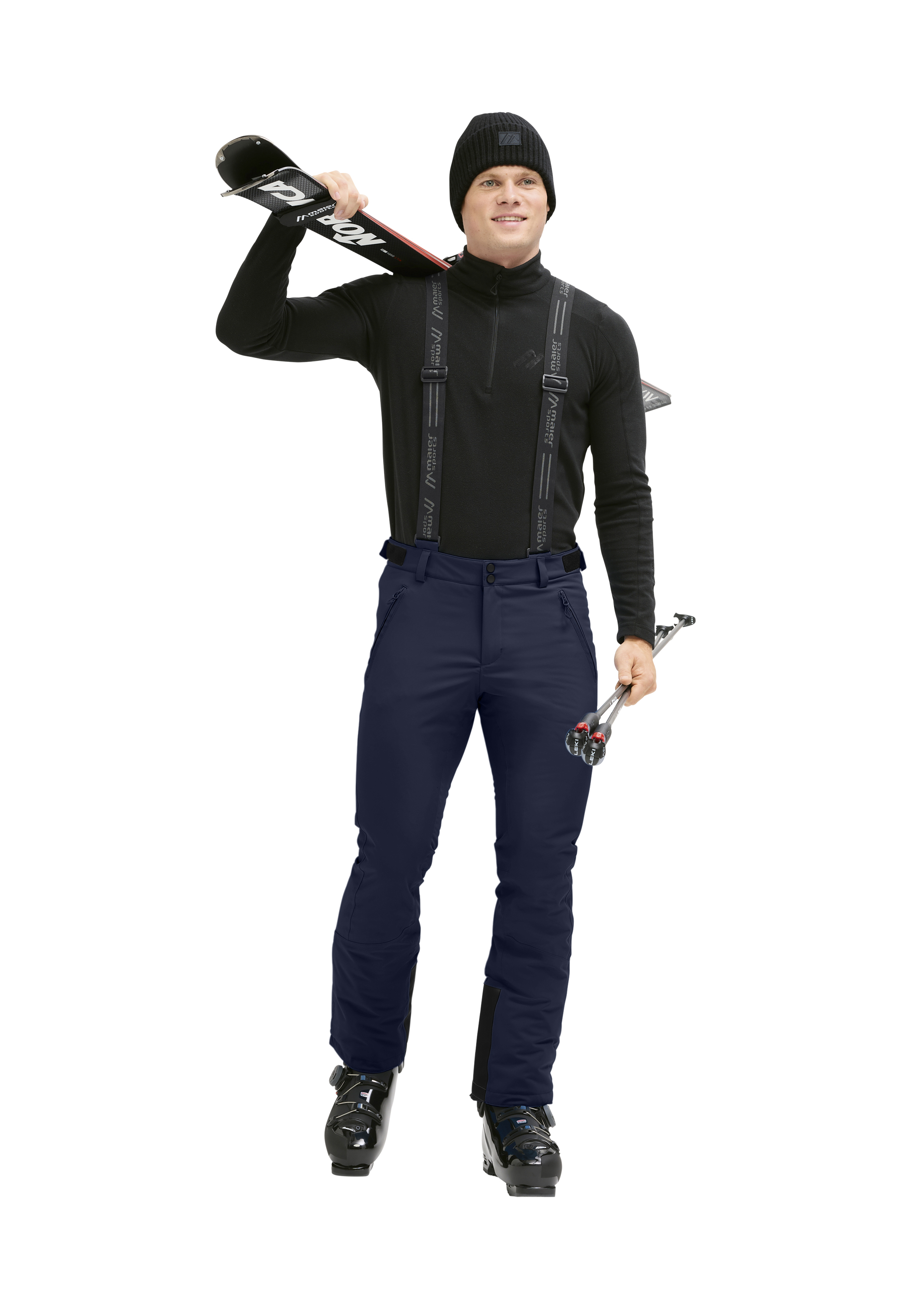 Skihose, Skijacke, Latzkonstruktion, Skistöcke, Schwarz