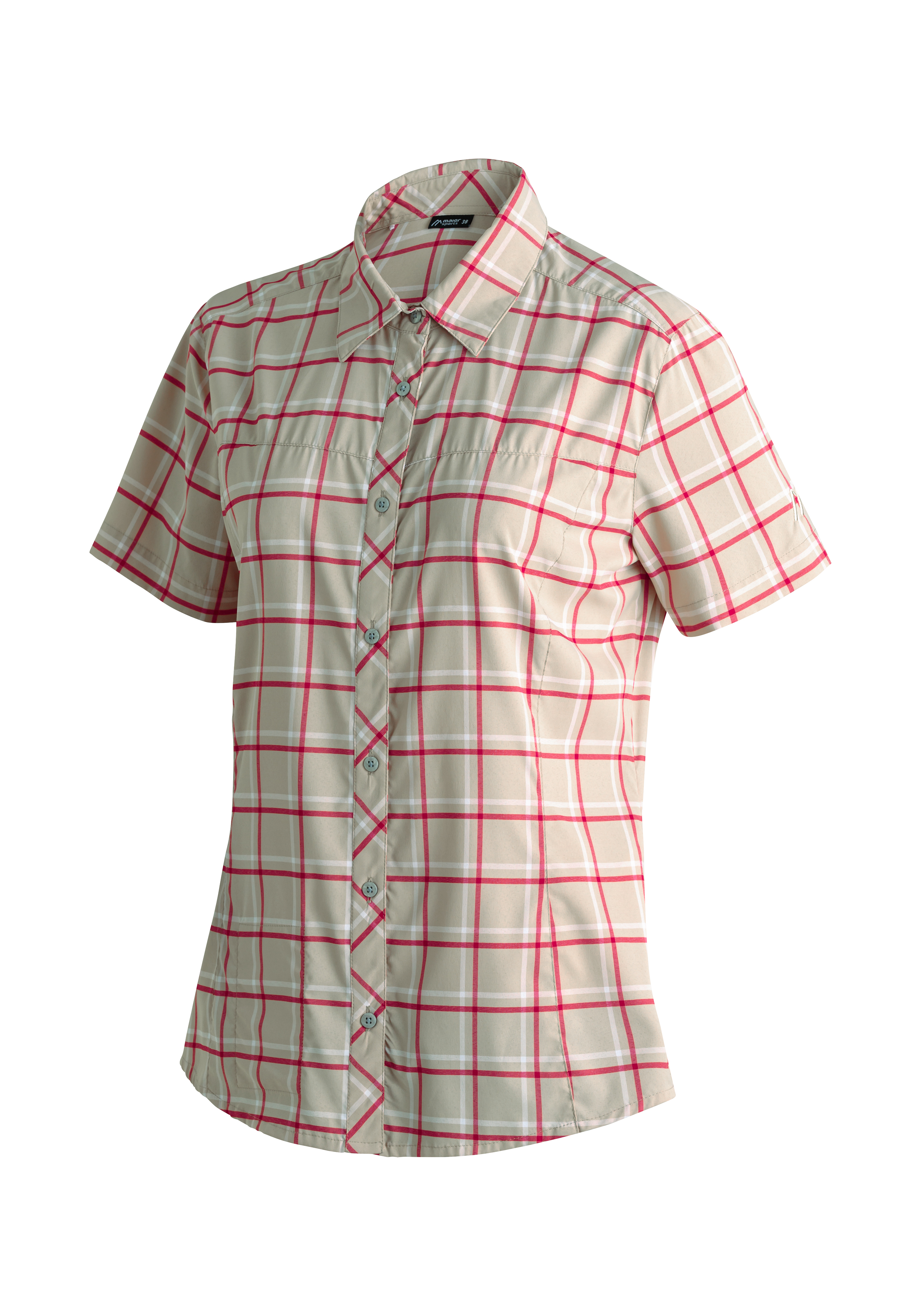 Kendra S/S W Hemd, Kurzarm, Karomuster, Beige, Roter Raster