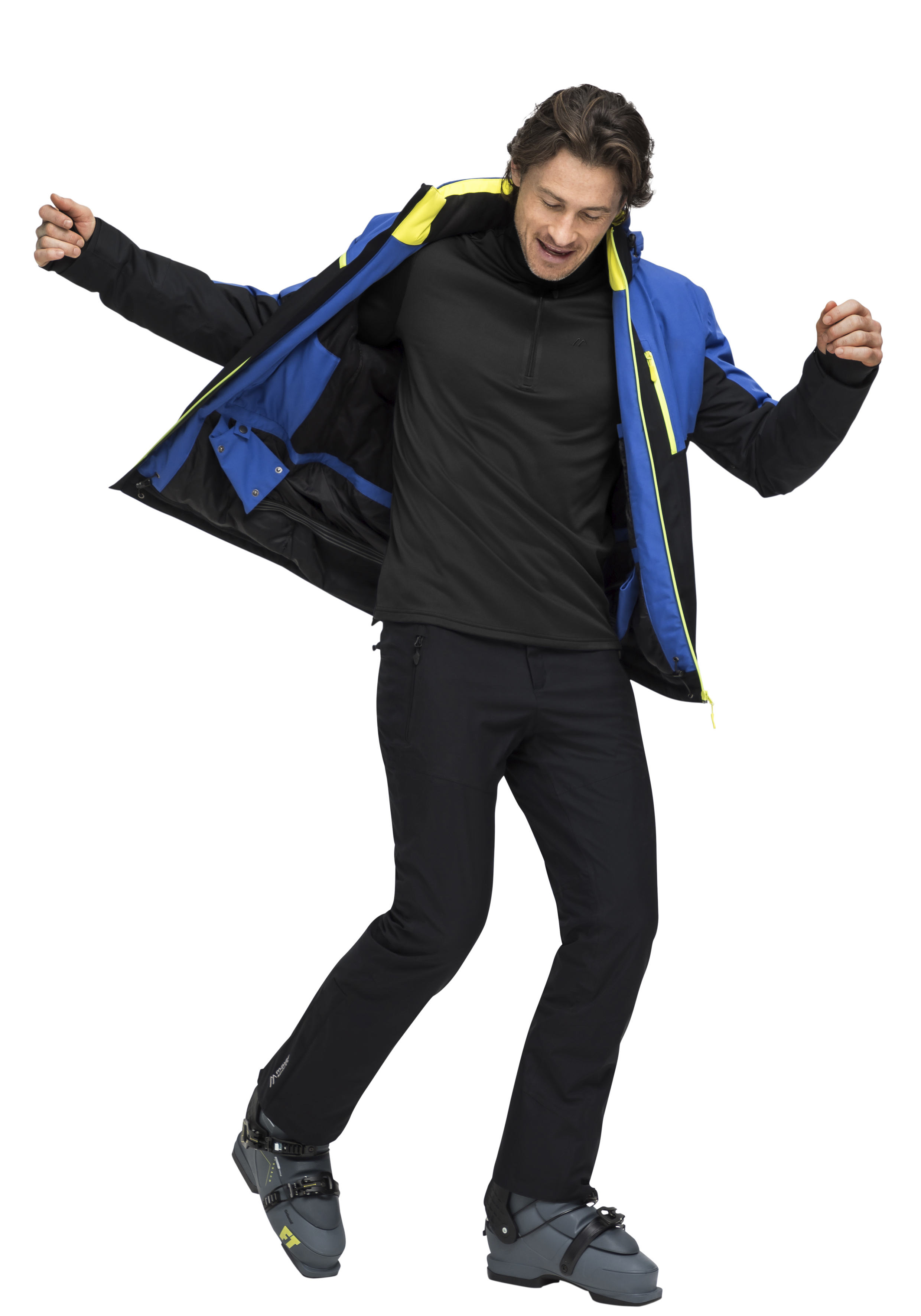 Outdoorjacke, Blaujacke, Softshell, Schwarze Hose, Ski Stiefel