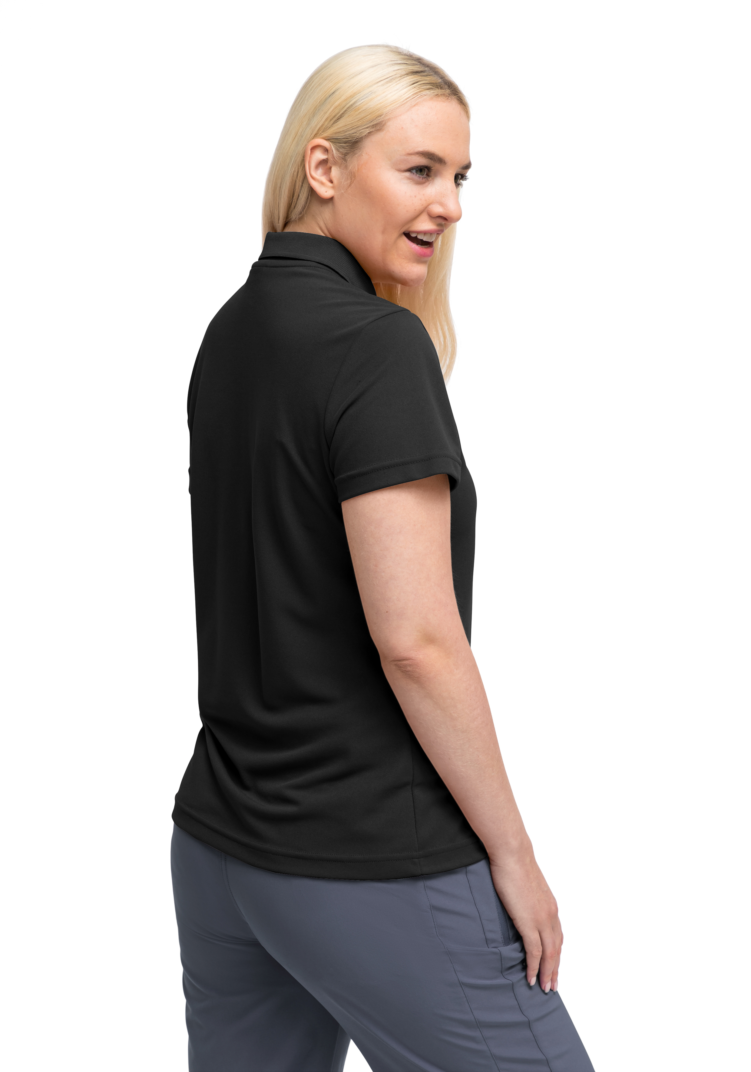 Ulrike Polo-Shirt, Kurzarm, Schwarz, Kragen, Sporttop, Polo, Schwarz, Kurzarm, Polohemd, Damen, Polohemd, Kurzarm, Schwarz, Polo-Kragen, Strickoberteil