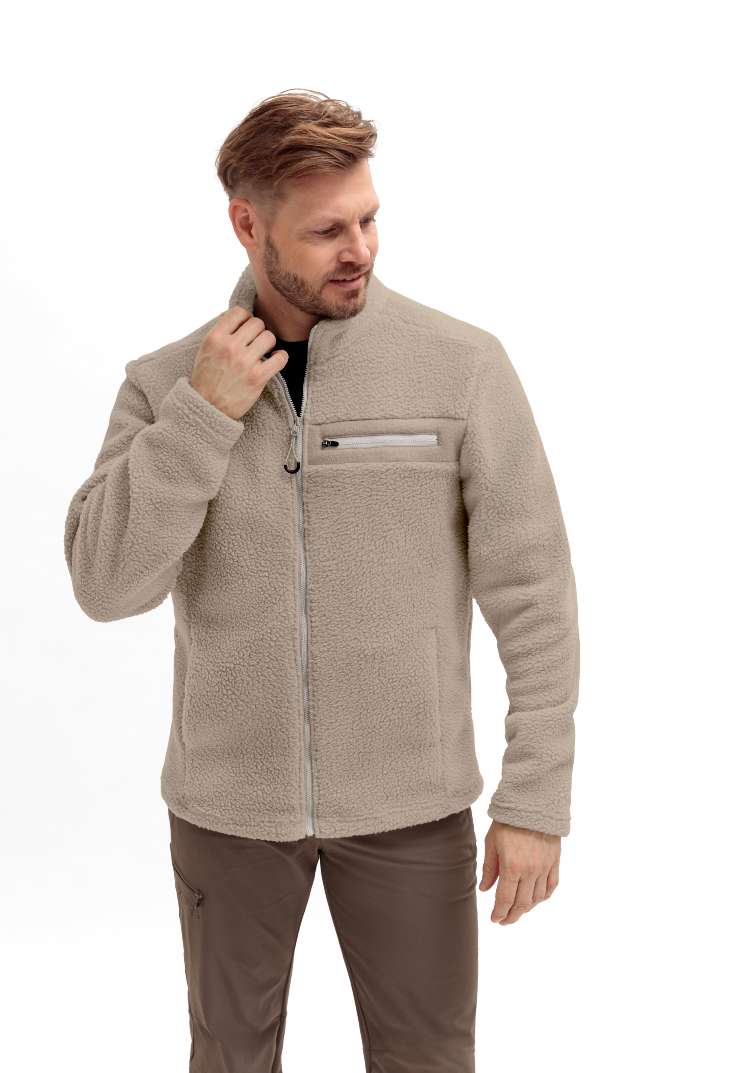 Racka M Vlies, Mantel, Jacke, Mann, Person, Fleecejacke, Beige, Zipjacke, Fronttasche, Kragen