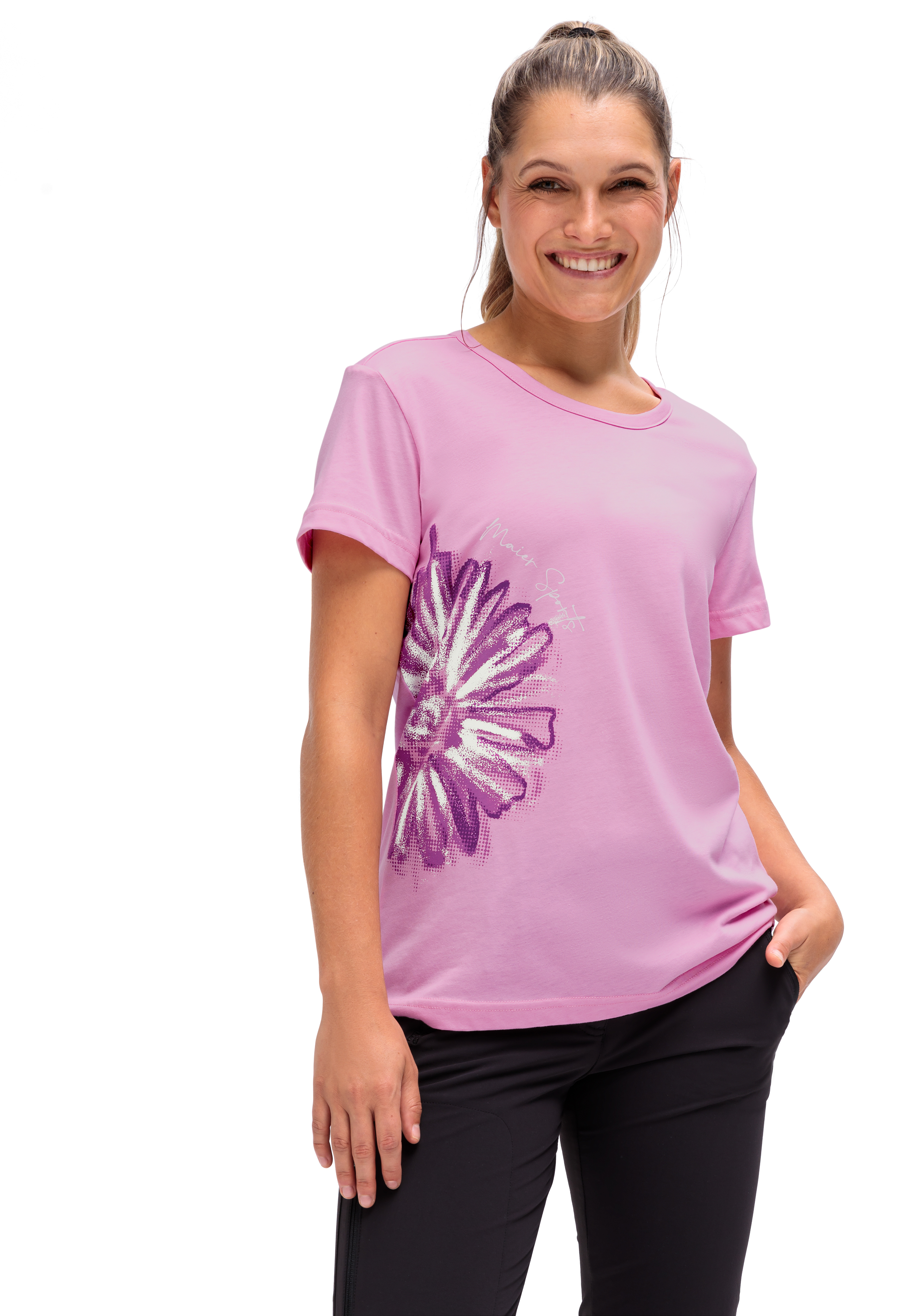 t-shirt, pink, kurzarm, blumenprint, casual