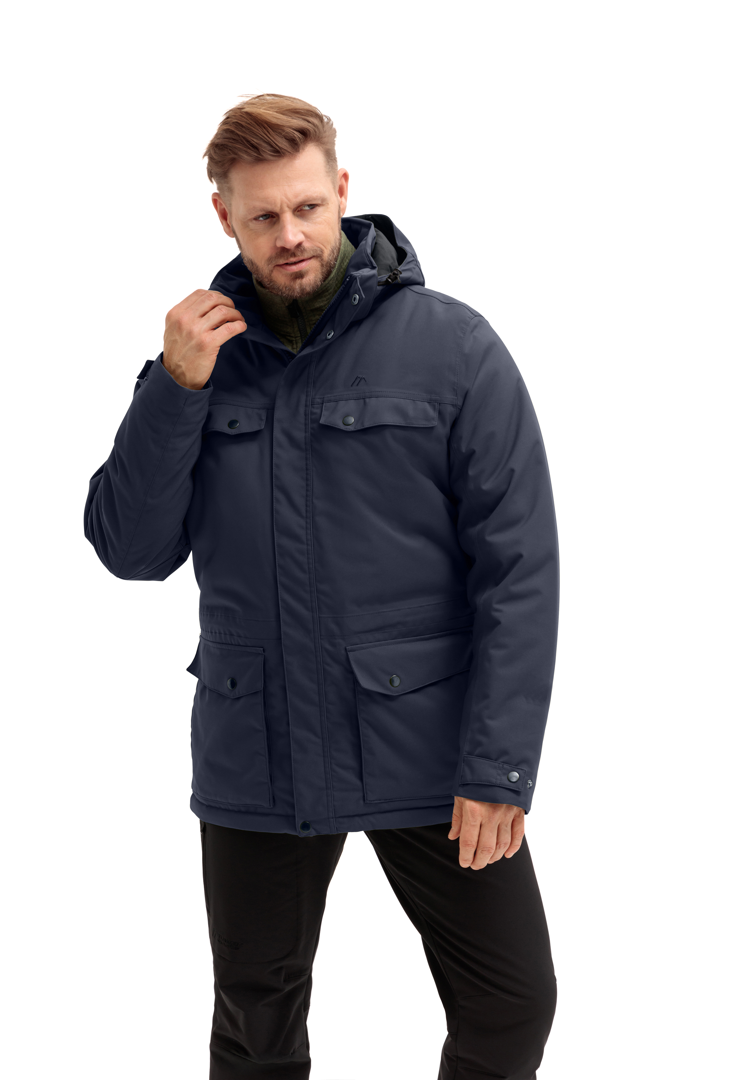 KNUTH Mantel, Jacke, Erwachsener, Mann, Person, Knieleinenjacke, Navyblau, Wach-Jacke, Kapuzenjacke, Verschließbare Taschen
