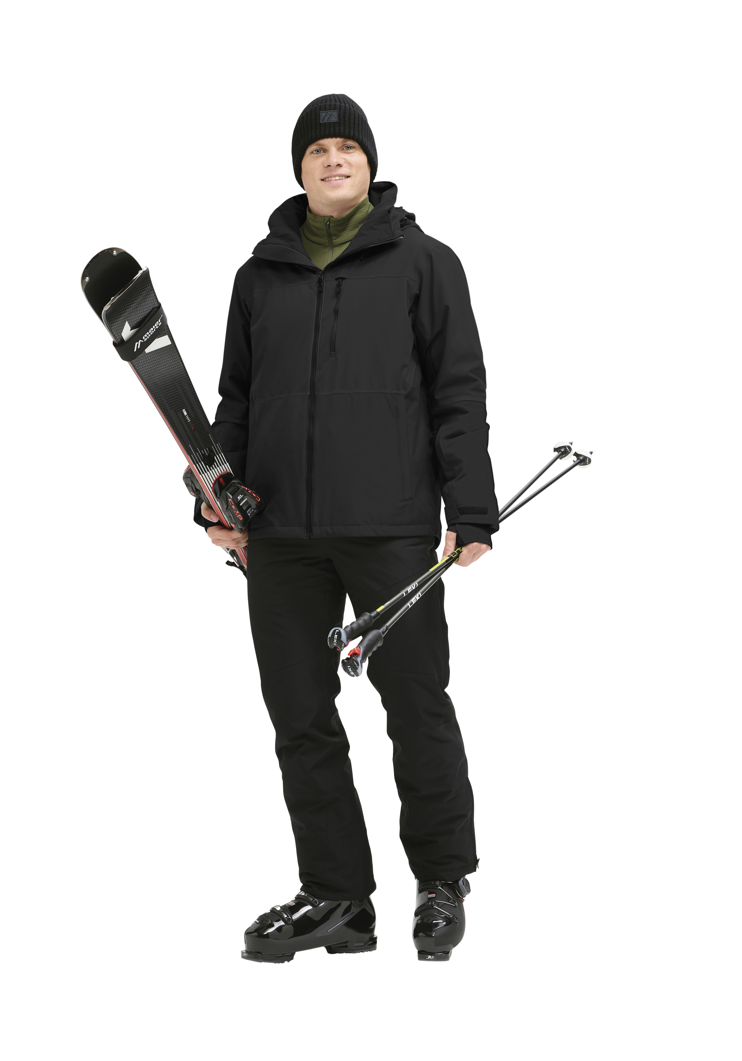 Skijacke, Skihose, Skischuhe, Skistöcke, Mütze