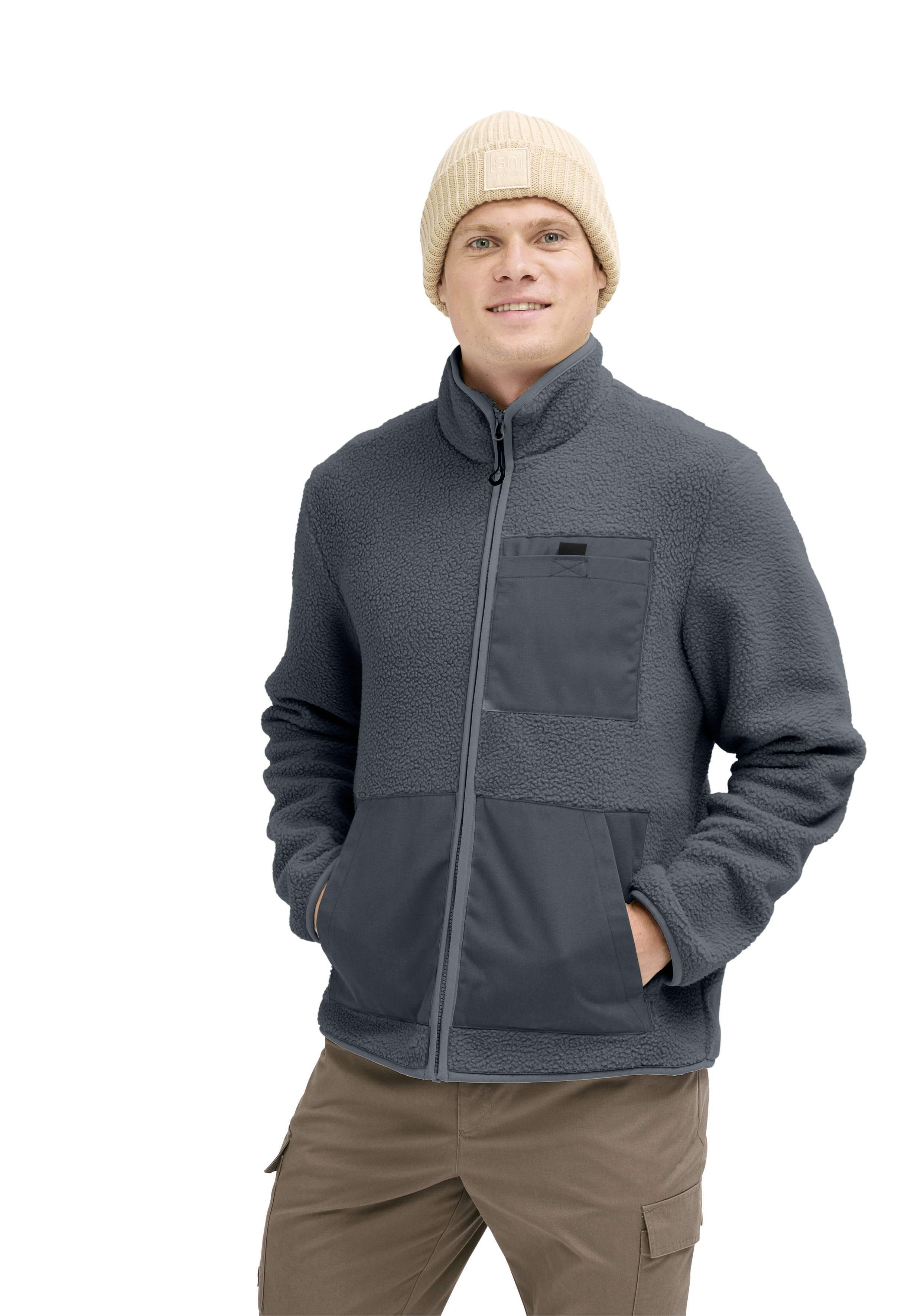 Fleecejacke, Fleece, Reißverschluss-Tasche, Brusttasche, Beige Mütze