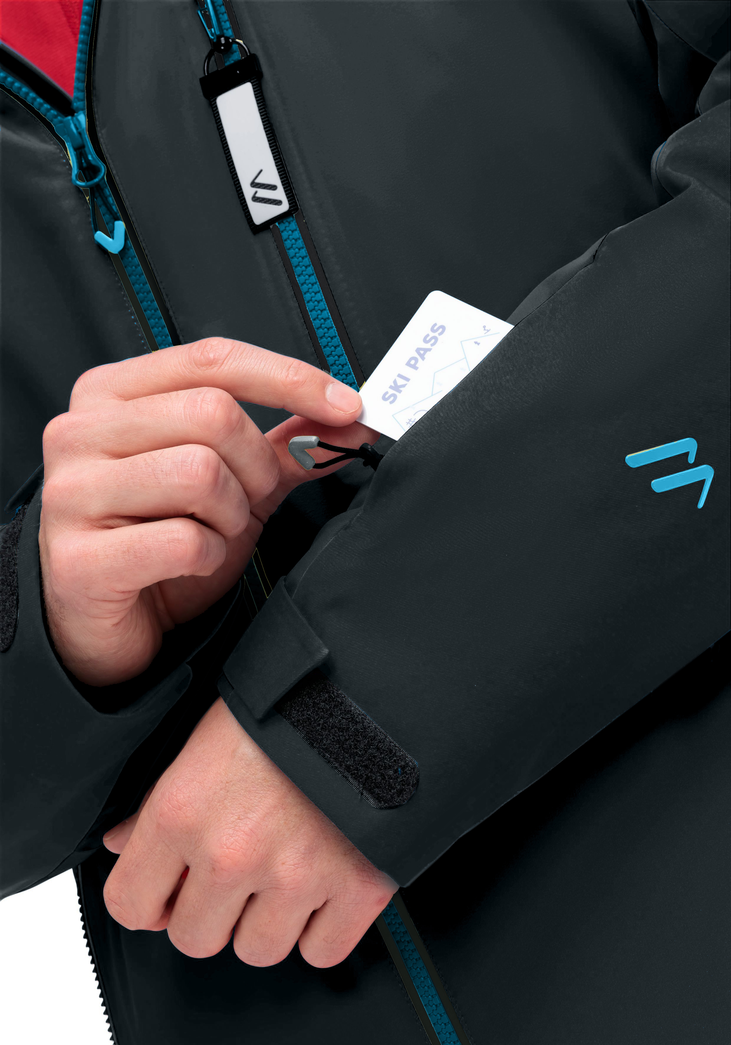 Text, Kleidung, Mantel, Regenjacke, Skijacke, Reißverschluss, Armtasche, Skipass